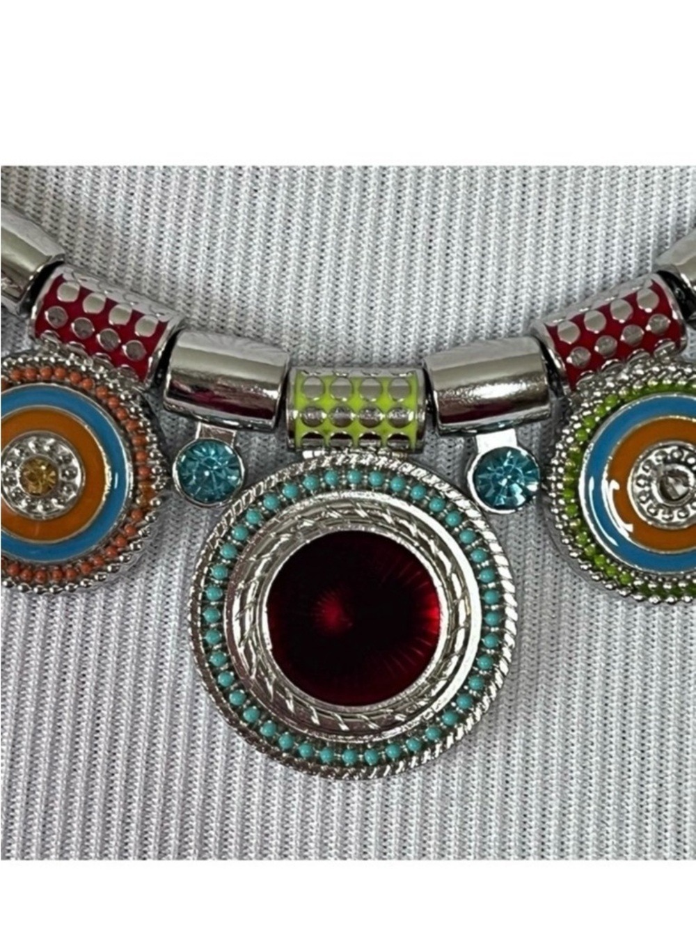 Boho Silver Tone Colorful Crystal Enamel Multi Pendant Necklace - Picture 8 of 9
